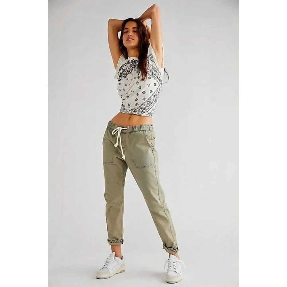 NWT FREE PEOPLE Sz S ONE TEASPOON SHABBIES DRAWSTRING BOYFRIEND PANTS FADE KHAKI